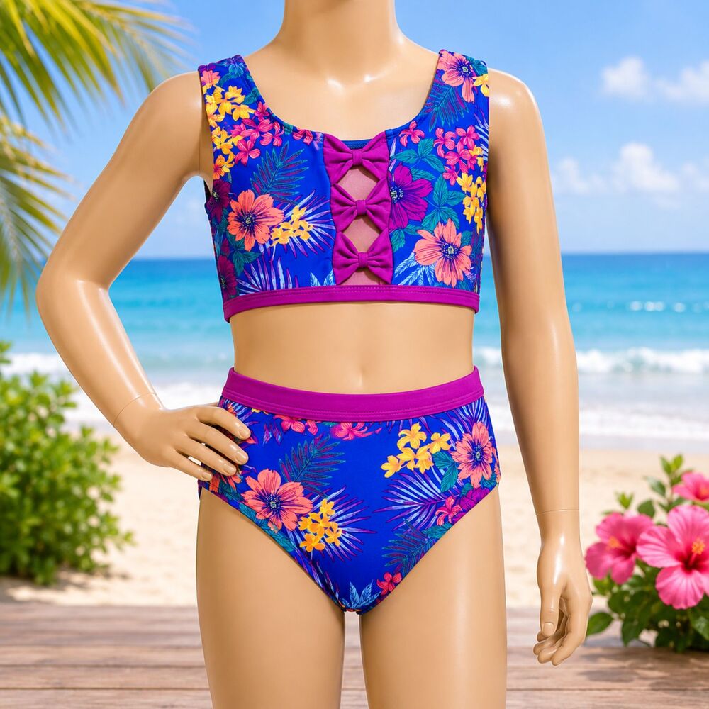 SO Girls Size 12 Tropical Floral 2 Piece Swimsuit Blue Purple Bow Cutout  #11